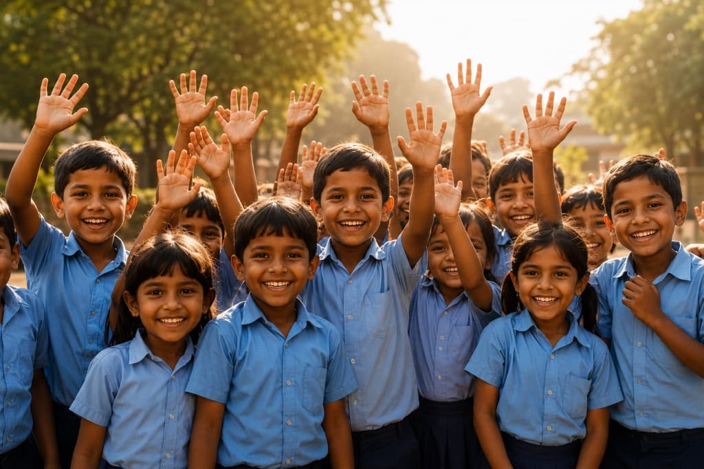 Joyful school children in uniform raising their hands eager to learn