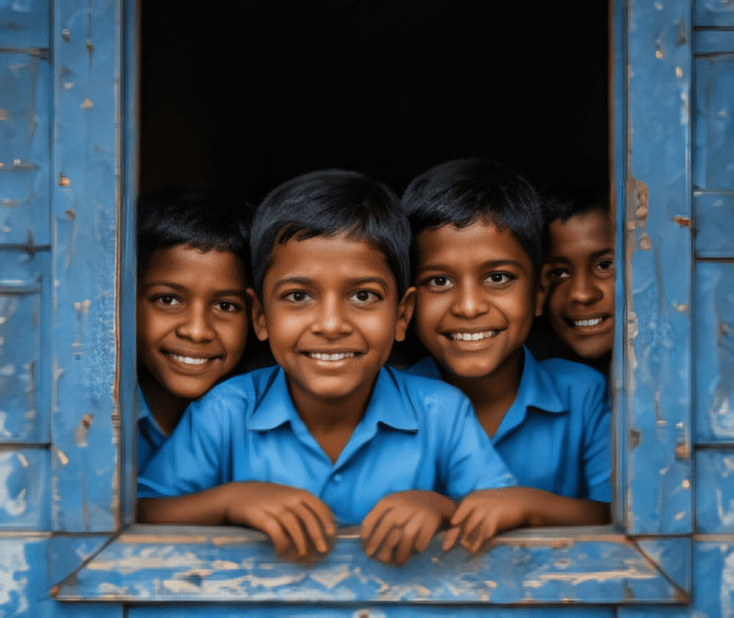 Children looking out of a classroom window with bright smiles