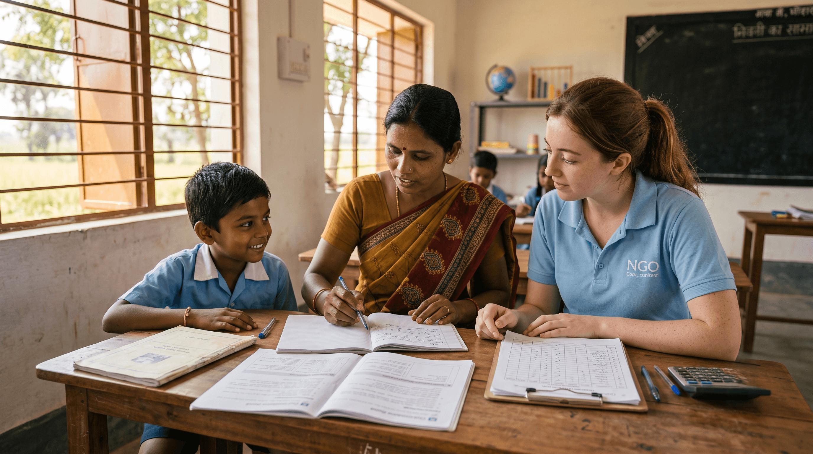 NGO worker and teacher going over educational materials