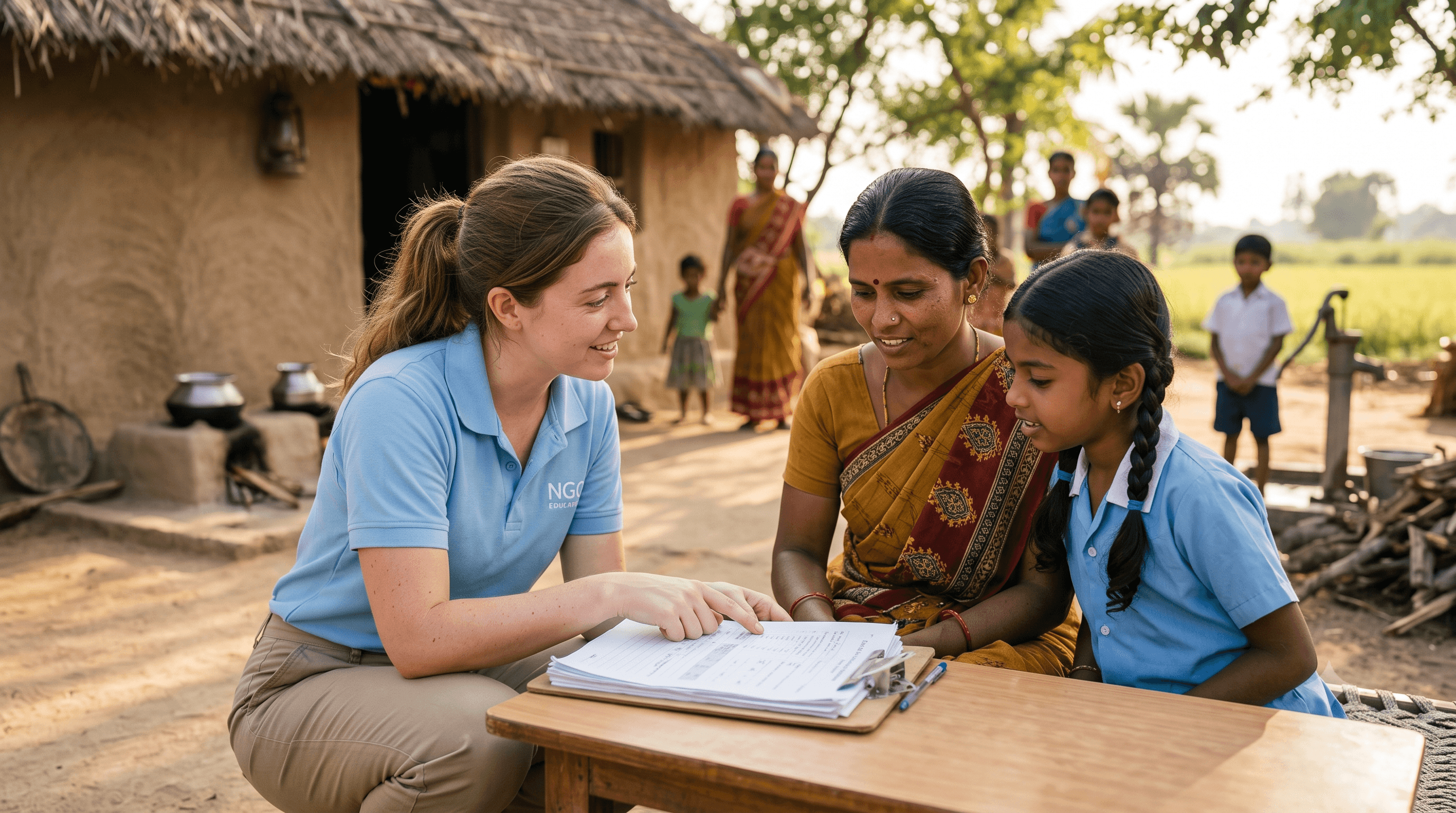 NGO worker speaking with a family