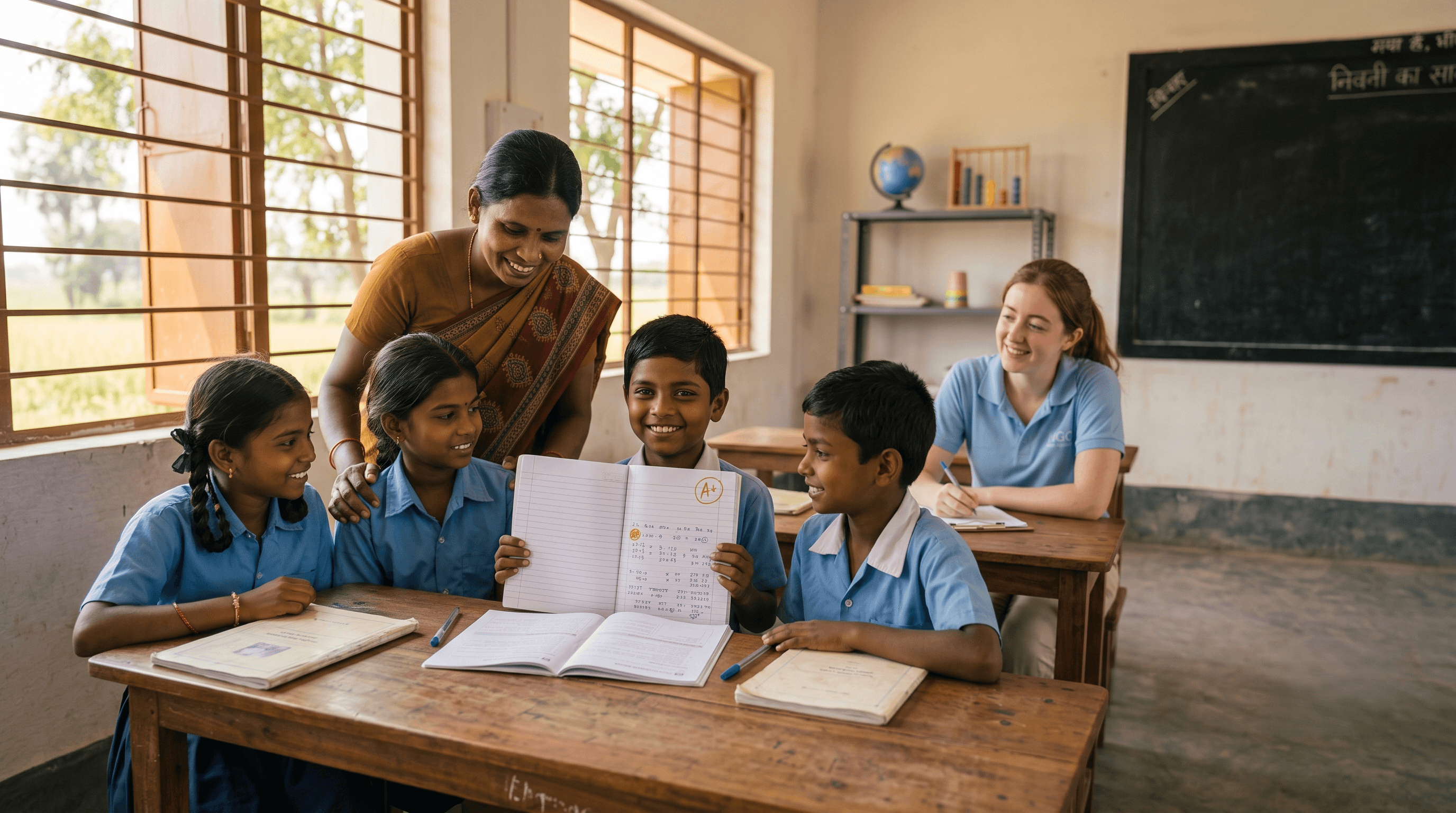 Teacher and students looking at a report card