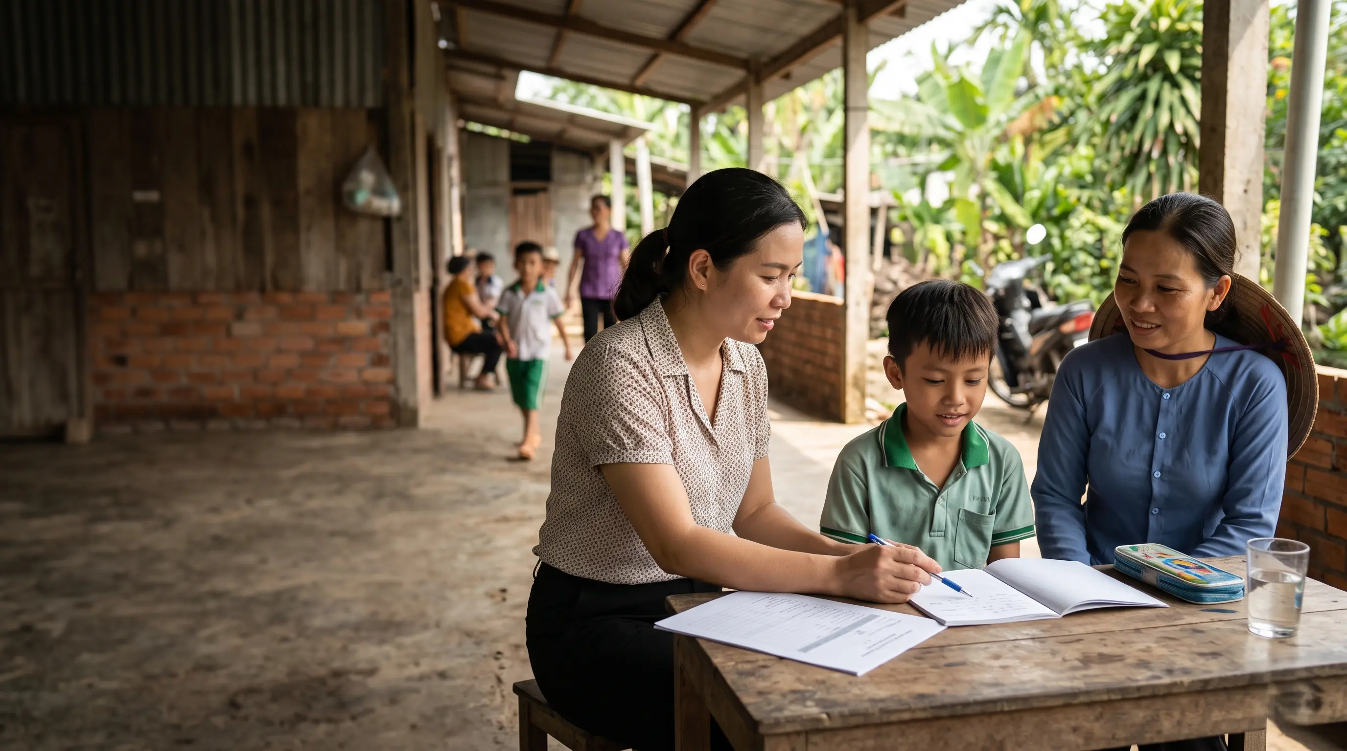 Community worker meeting with a child and family about educational support