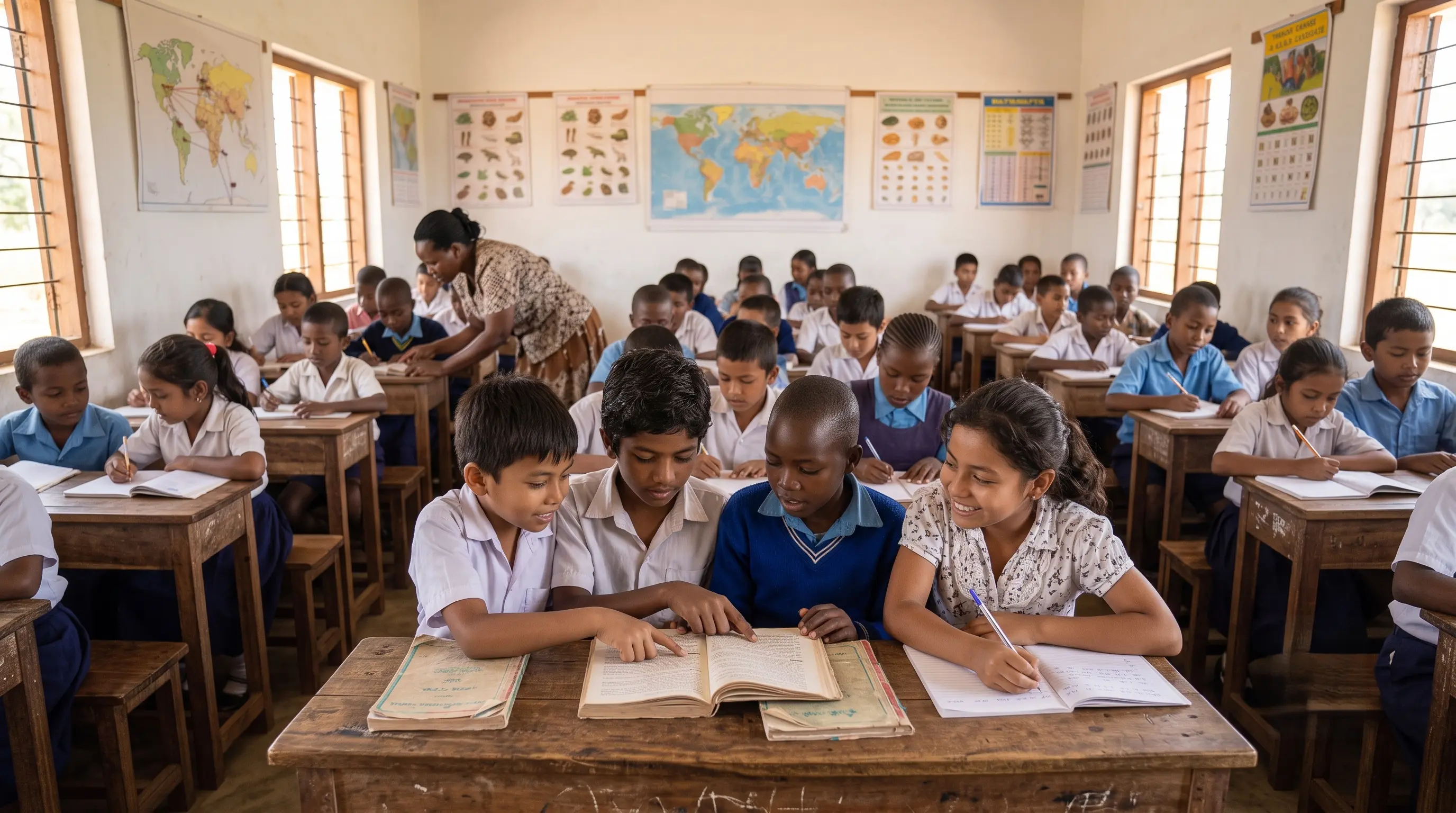 Children looking out of a classroom window with bright smiles